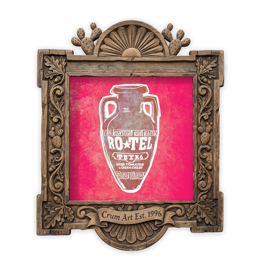 Ro-Tel Can — kitchen art print by Betsy Crum in a square carved wood frame