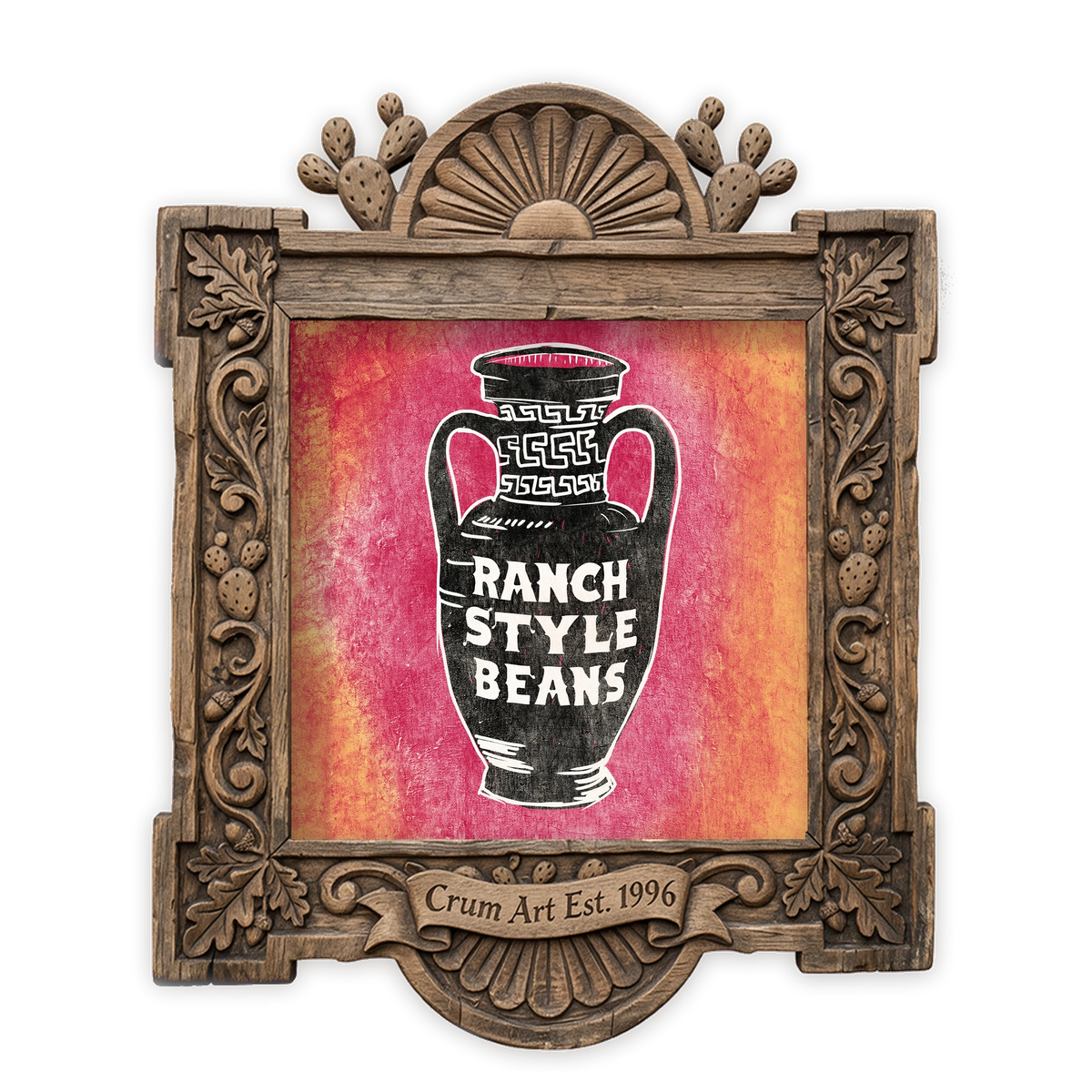 Ranch Style Beans Amphora, Pink & Orange — kitchen art print by Betsy Crum in a square carved wood frame