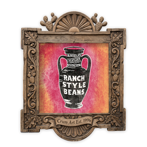 Kitchen Art | Ranch Style Beans Amphora | Betsy Crum — Pink & Orange — art print in a carved wood frame, Crum Art