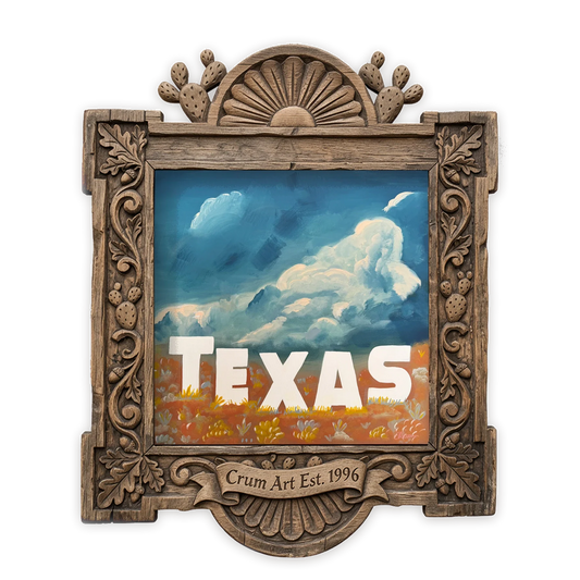 Hollywood Big Sky — Texas art print by Betsy Crum in a square carved wood frame