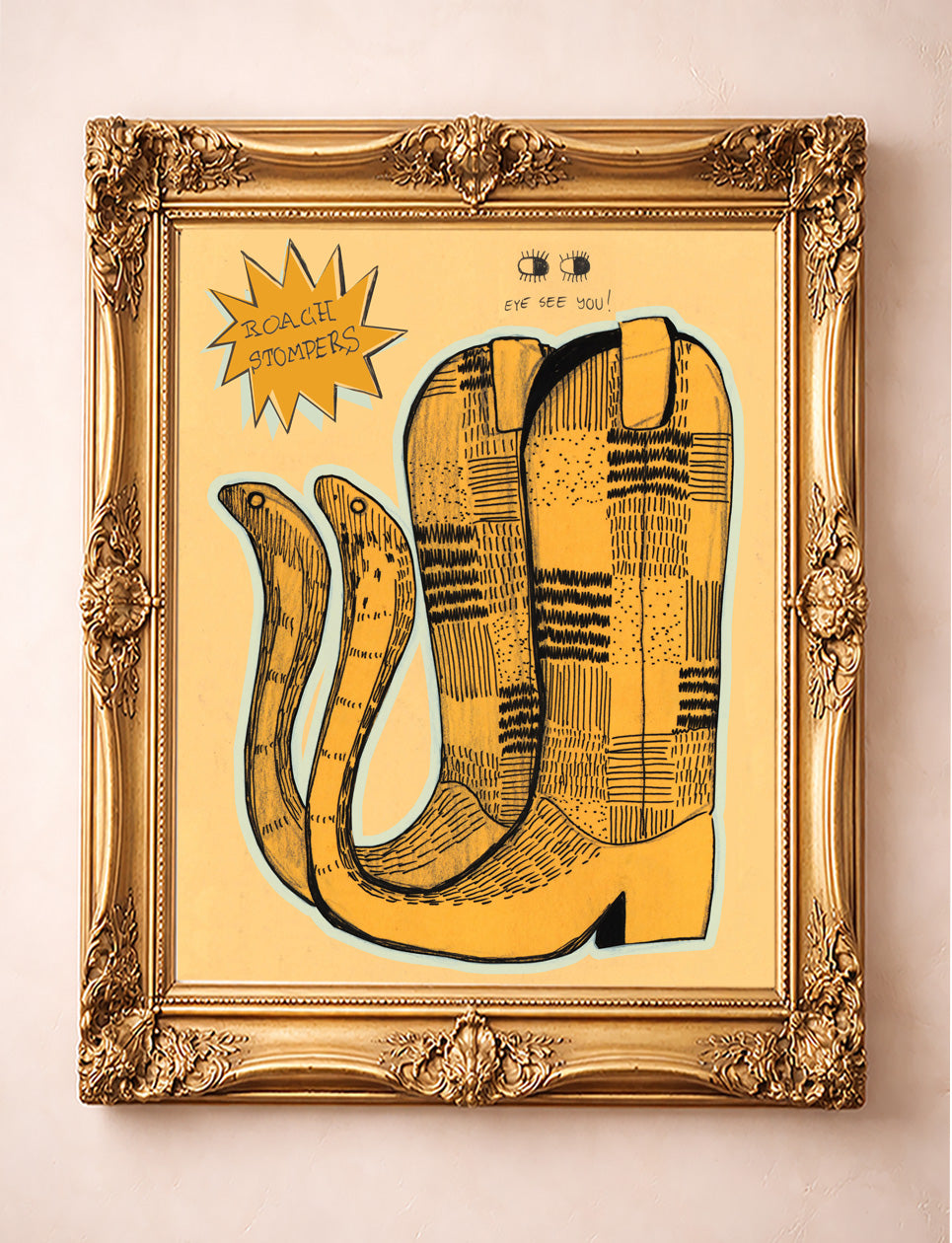 Roach Stompers Cowboy Boots Drawing Art Print | Caya Crum Art