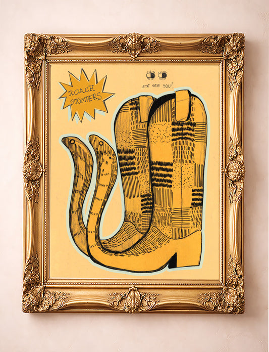Roach Stompers Cowboy Boots Drawing Art Print | Caya Crum Art
