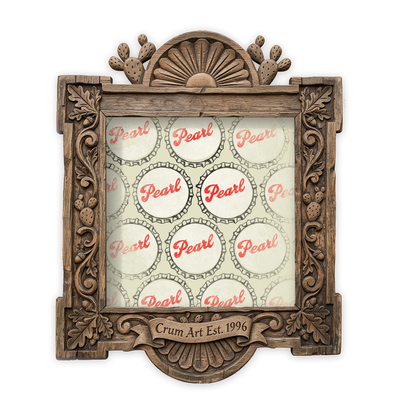 Bar Wall Art | Pearl Beer Bottle Caps | Betsy Crum — art print in a carved wood frame, Crum Art