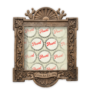 Pearl Beer Bottle Caps — bar art print by Betsy Crum in a square carved wood frame