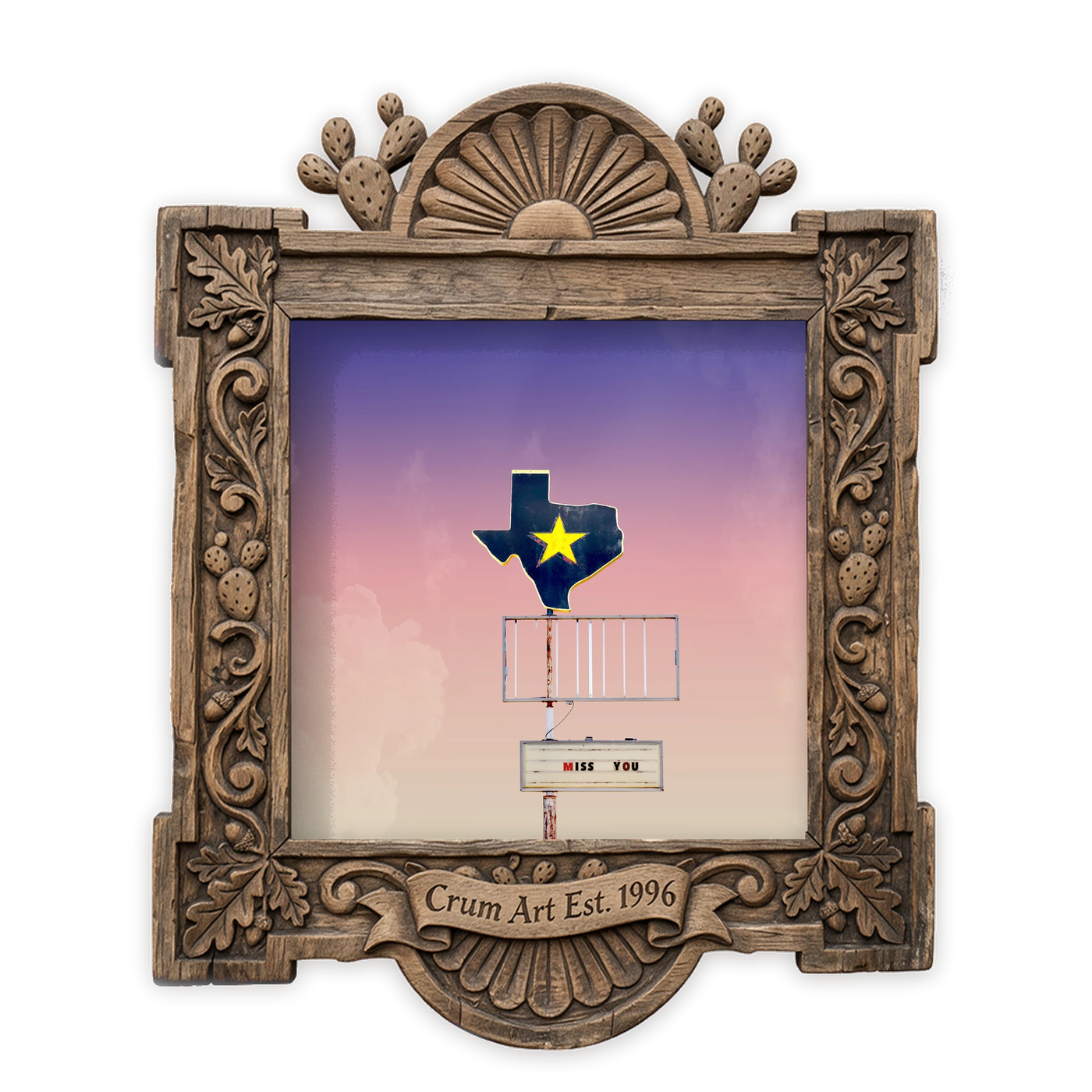 Texas Art | Texas Shaped Sign, Miss You | Betsy Crum — art print in a carved wood frame, Crum Art