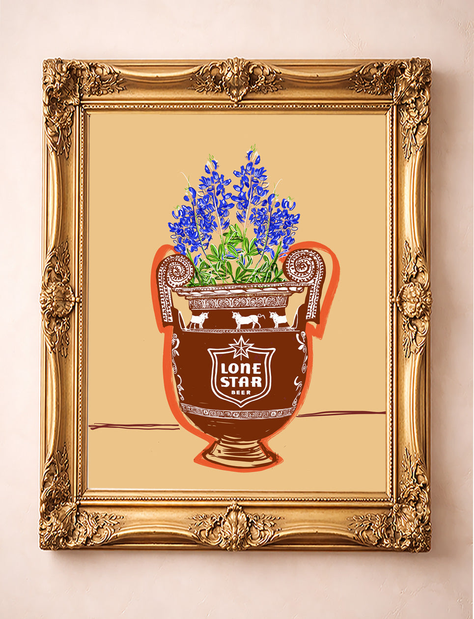 Bluebonnets in a Lone Star Beer amphora art print by Betsy Crum in a gold frame, Texas Greco-Roman pop art