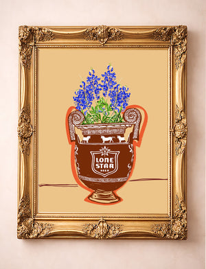 Bluebonnets in a Lone Star Beer amphora art print by Betsy Crum in a gold frame, Texas Greco-Roman pop art