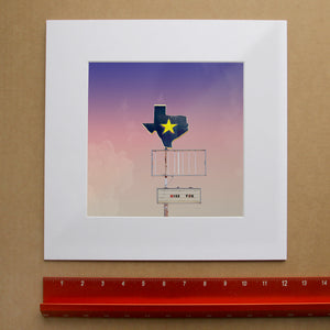 Miss You Texas shaped sign art print by Betsy Crum shown matted in white