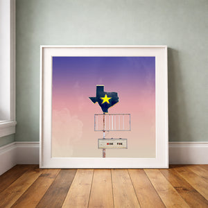 Miss You Texas shaped sign print by Betsy Crum framed upright against a grey-green wall