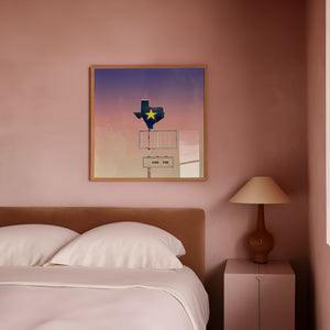 Miss You Texas shaped sign art print by Betsy Crum framed in a room