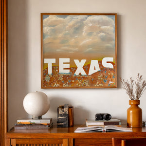 Texas Art Sepia Sunset Texas Sky Art Print by Betsy Crum, a matted archival art print in a gold frame inspired by painterly Texas sunsets, wide-open skies, and the timeless spirit of ranch-country landscape art, available at crumart.com. This museum quality print is made right here in Texas.