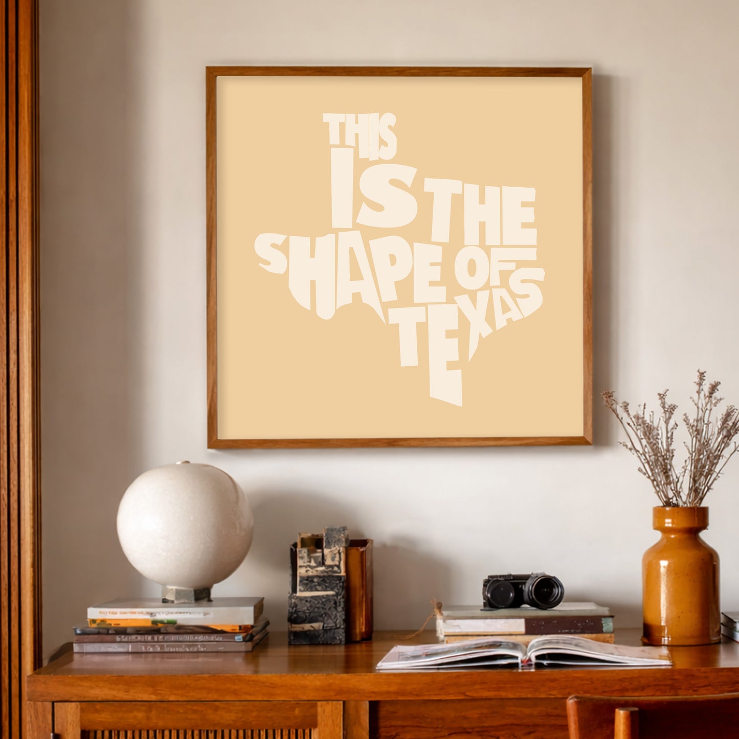 This Is the Shape of Texas Print, a matted archival art print in a gold frame inspired by quiet Texas confidence, clean lines, and modern western design, available at crumart.com. This museum quality print is made right here in Texas.