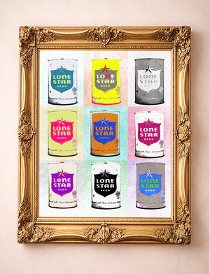 Nine Lone Star cans Warhol pop art print by Betsy Crum in a gold frame