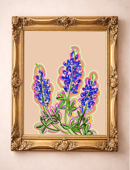 Texas bluebonnet art print with electric blue wildflowers on pink background in ornate gold frame