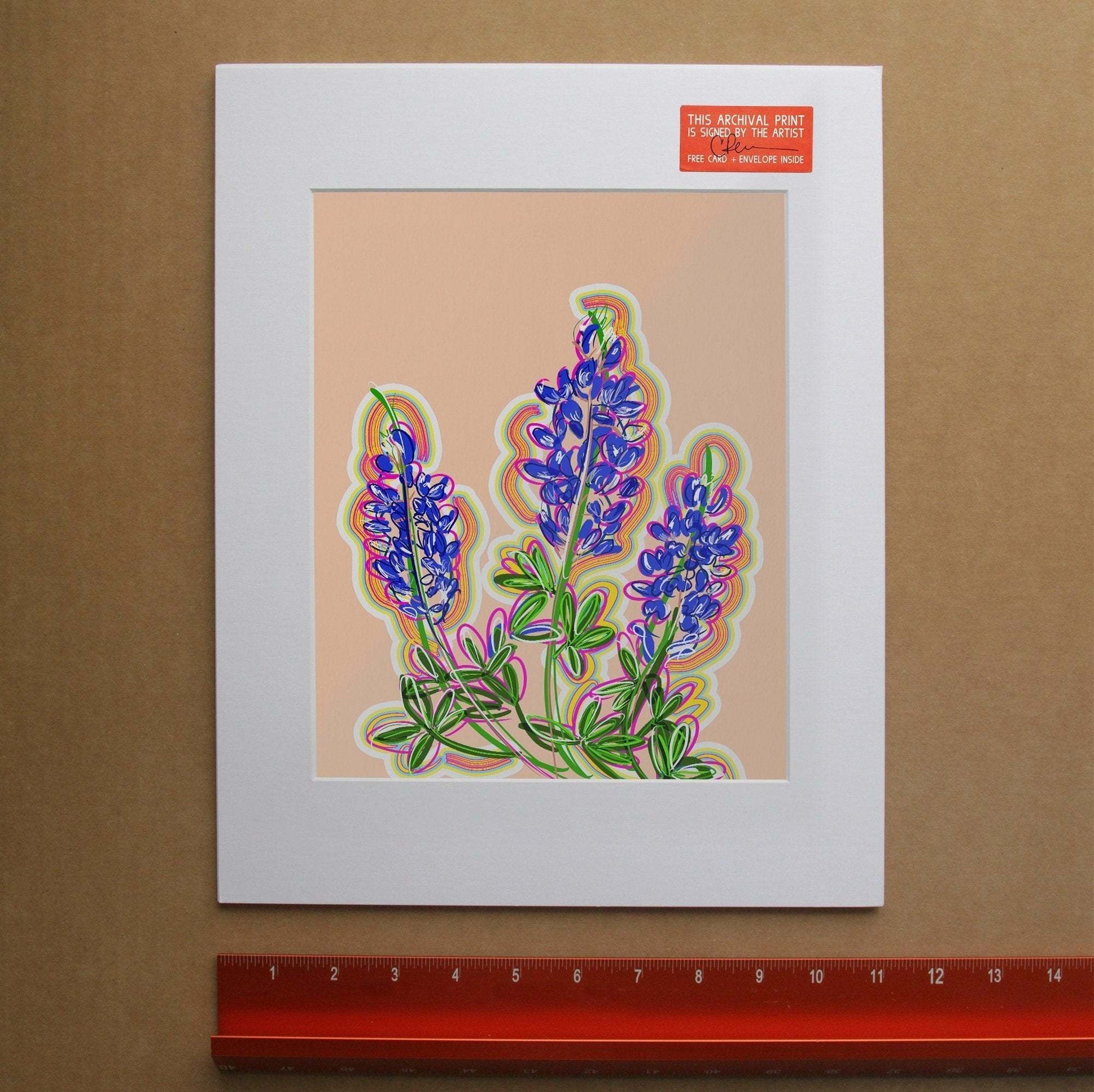 Texas Bluebonnet Painting vibrant art print by Betsy Crum with colorful outlines on beige background