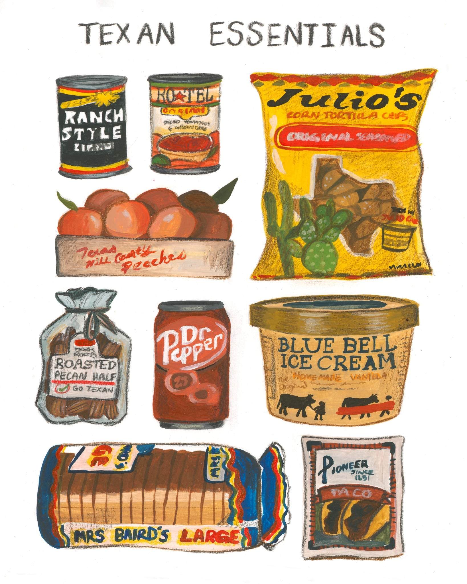 Illustration of Texas Brand Essentials food items including Ranch Style Beans, Rotel Tomatoes, Julio's Tortilla Chips, Texas Hill Country Peaches, Roasted Pecan Halves, Dr. Pepper, Blue Bell Ice Cream, Mrs. Baird's Bread, and Pioneer Taco Seasoning.