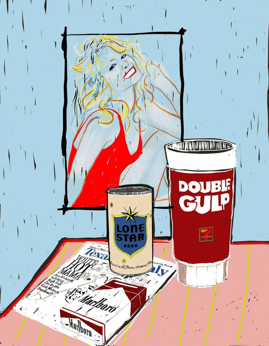 Texas Icon Still Life art print by Betsy Crum featuring a Farrah Fawcett style illustration with Lone Star beer, Double Gulp cup, and Marlboro pack on table