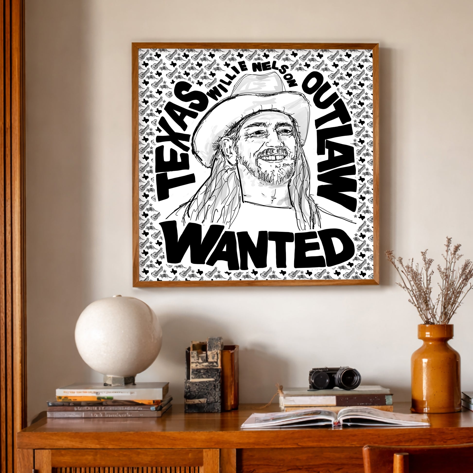 Texas Music Art Willie Nelson Print by Betsy Crum, inspired by outlaw country legend Willie Nelson, naive portrait style, and a hand-drawn wanted poster look that gives this piece real character and outlaw charm, available at crumart.com. This museum quality print is made right here in Texas.