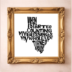 Willie Nelson Quote Print in Black and White, a matted archival art print in a gold frame inspired by Texas music, bold typography, and the wisdom of Willie Nelson, available at crumart.com. This museum quality print is made right here in Texas.