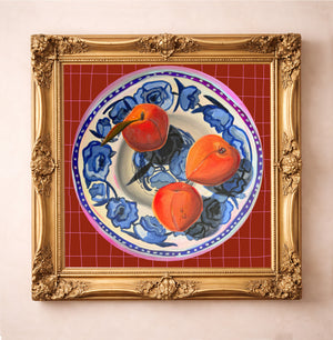 Texas Peach Art Print by Caya Crum, inspired by Parker County peaches, bold still life color, and the kind of fruit art that feels right at home in a welcoming kitchen or collected dining room, available at crumart.com. This museum quality print is made right here in Texas.