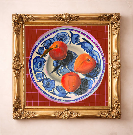 Texas Peach Art Print by Caya Crum, inspired by Parker County peaches, bold still life color, and the kind of fruit art that feels right at home in a welcoming kitchen or collected dining room, available at crumart.com. This museum quality print is made right here in Texas.