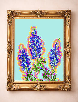 Aqua Hill Country bluebonnet art print by Betsy Crum in ornate gold frame, Texas pop art wildflowers
