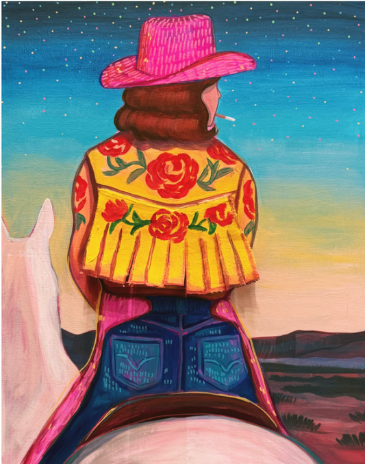 Texas Rose original painting by Caya Crum — cowgirl in a yellow rose fringe jacket and hot pink hat riding into the desert, 16 x 20 inches