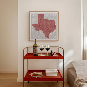 Texas Singer Songwriters song lyric map print by Carl Crum framed in a styled room