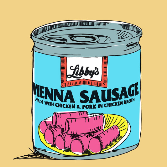 Texas Vienna Sausage Art Print by Betsy Crum, inspired by old-school pantry staples, saltines-and-pawpaw nostalgia, and the kind of funny food art that feels right at home in a kitchen or Texas gallery wall, available at crumart.com. This museum quality print is made right here in Texas.