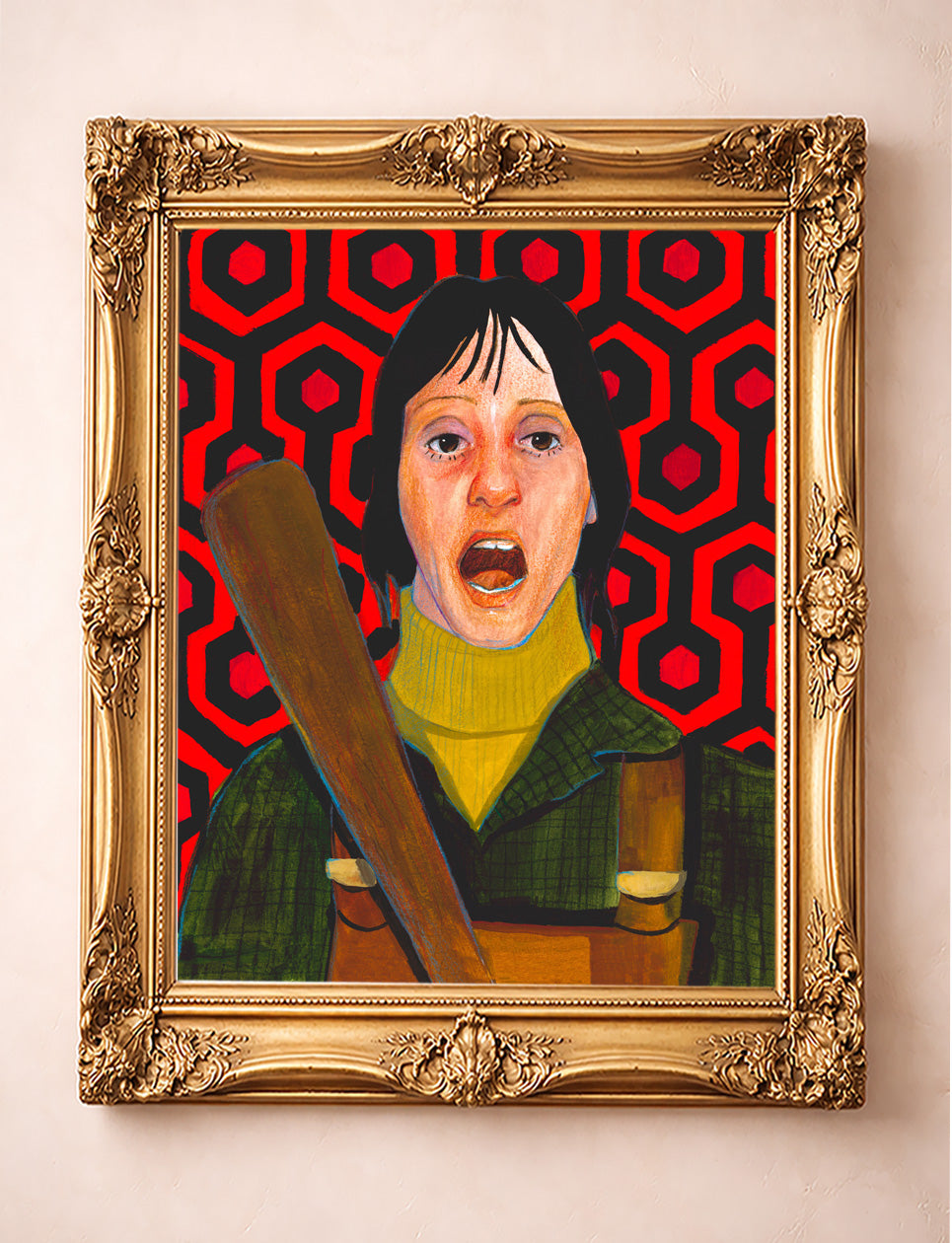 Shelley Duvall as Wendy Torrance from The Shining with the Overlook carpet, painted by Caya Crum, shown in a gold frame