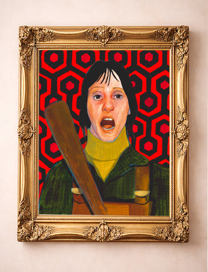 Shelley Duvall as Wendy Torrance from The Shining with the Overlook carpet, painted by Caya Crum, shown in a gold frame