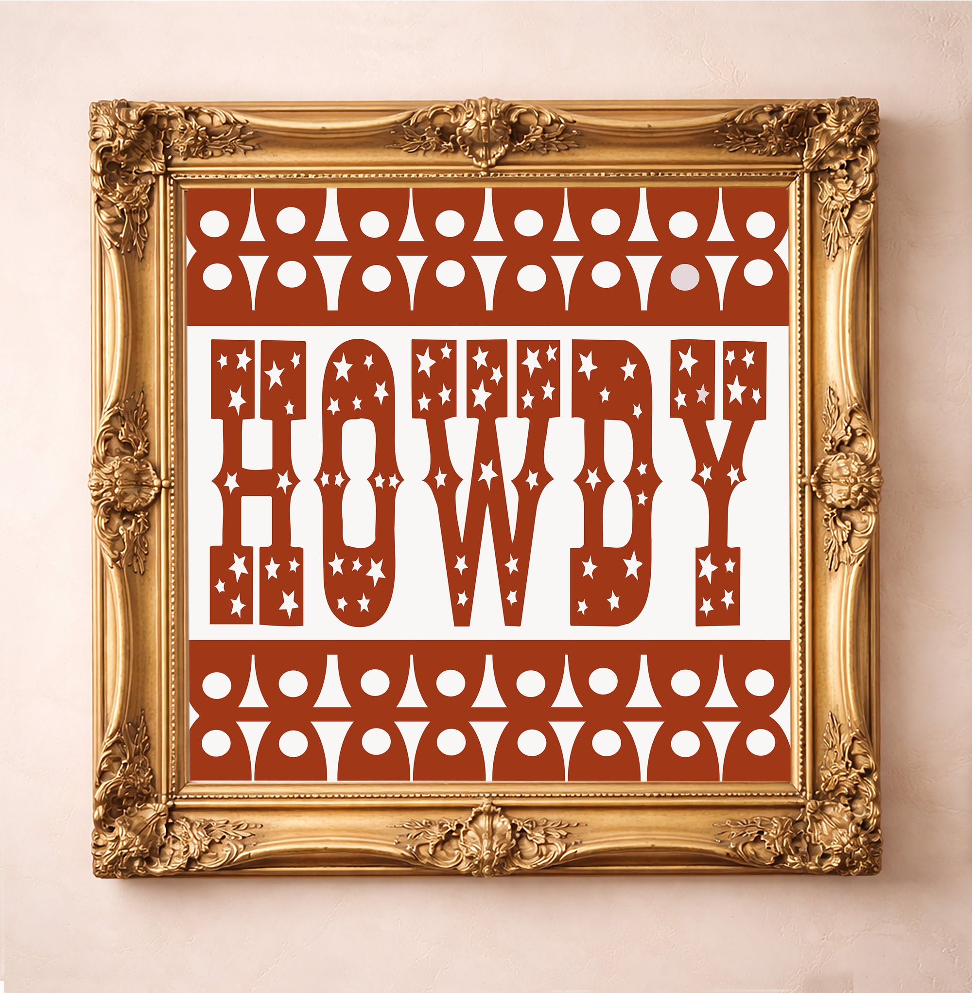 Texas Wall Decor - Texas Howdy Burnt Orange Art Print by Betsy Crum, a matted archival art print in a gold frame inspired by Austin spirit, Texas howdy charm, and bold UT burnt orange style. A great gift for UT fans, Austin folks, and anyone who wants a little burnt orange Texas howdy on the wall, available at crumart.com. This museum quality print is made right here in Texas.
