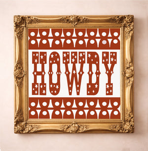 Texas Wall Decor - Texas Howdy Burnt Orange Art Print by Betsy Crum, a matted archival art print in a gold frame inspired by Austin spirit, Texas howdy charm, and bold UT burnt orange style. A great gift for UT fans, Austin folks, and anyone who wants a little burnt orange Texas howdy on the wall, available at crumart.com. This museum quality print is made right here in Texas.