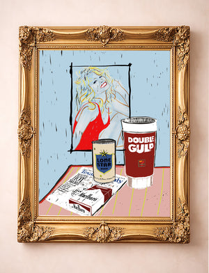 Texas icon wall art Farrah Fawcett still life print by Betsy Crum in a gold frame room scene