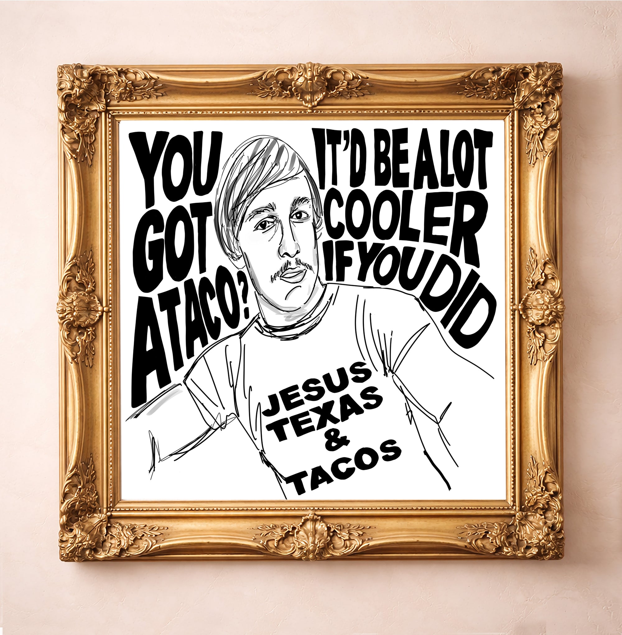 Texas Wall Decor Funny Taco art print perfect  Gift for a Guy. Kitchen and new apartment housewarming gift for young man. Black and white, hand drawn Minimalist Art by Betsy Crum