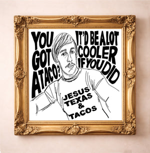 Texas Wall Decor Funny Taco art print perfect  Gift for a Guy. Kitchen and new apartment housewarming gift for young man. Black and white, hand drawn Minimalist Art by Betsy Crum