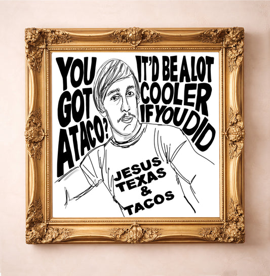 Texas Wall Decor Funny Taco art print perfect  Gift for a Guy. Kitchen and new apartment housewarming gift for young man. Black and white, hand drawn Minimalist Art by Betsy Crum