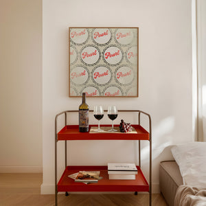Pearl Beer bottle caps art print by Betsy Crum framed in a styled room
