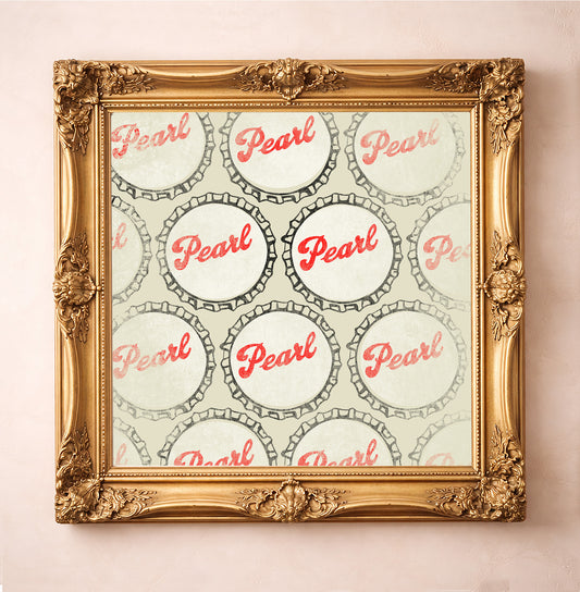 Pearl Beer Bottle Caps — bar art print by Betsy Crum in a square gold frame