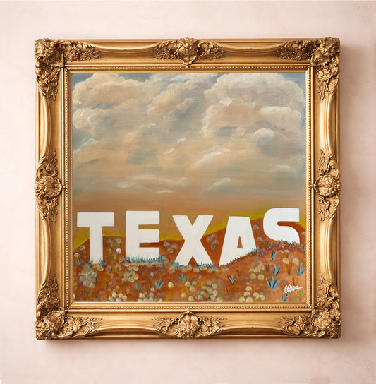 Texas Wall Decor Sepia Sunset Texas Sky Art Print by Betsy Crum, a matted archival art print in a gold frame inspired by cinematic Texas sunsets, big sky landscapes, and classic ranch-country style, available at crumart.com. This museum quality print is made right here in Texas.