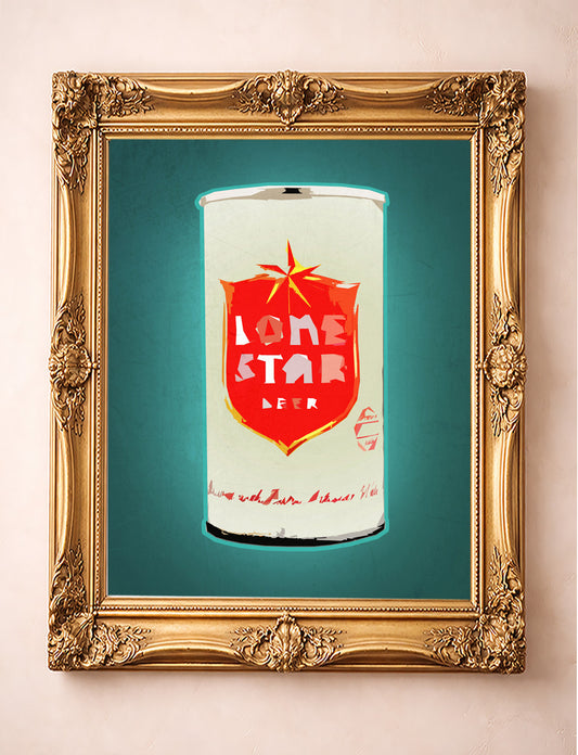 Bar wall art vintage Lone Star beer can print by Betsy Crum in a gold frame