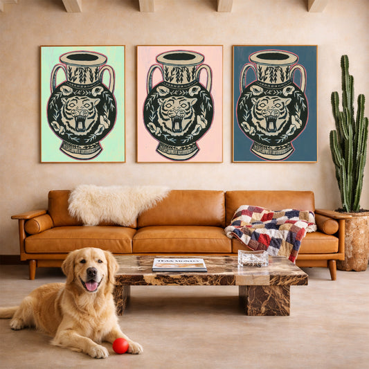 The Tiger Amphora Print is designed to be a commanding presence. While we offer a range of sizes, this piece is optimized for 24x36 frames, making it the ideal anchor for a gallery wall or a standalone statement above a 1930s leather sofa or midcentury oak sideboard.