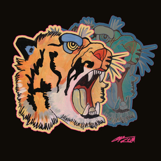 Tiger Wall Art Print by Caya Crum, inspired by bright pop color, a double-image tiger portrait, and the kind of playful ferocity that gives a gallery wall a little motion and a lot of personality, available at crumart.com. This museum quality print is made right here in Texas.