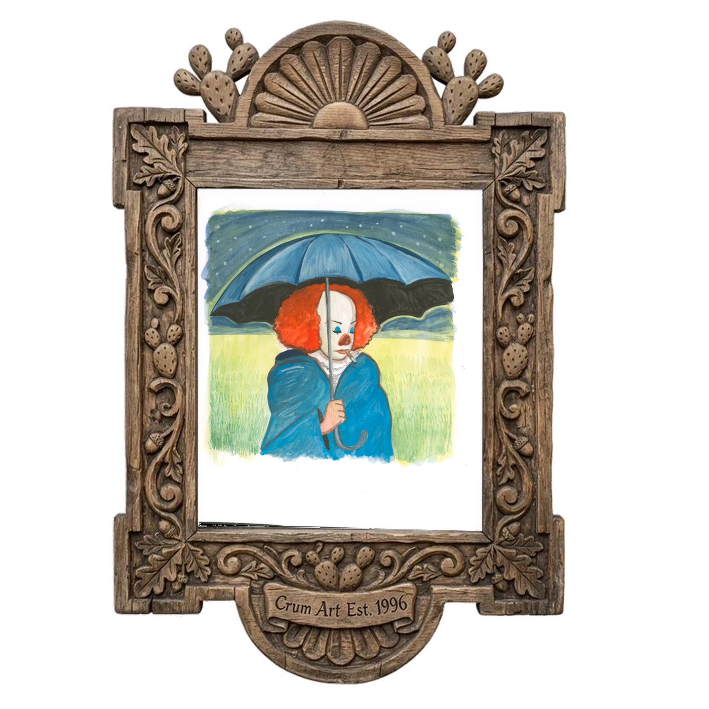 Tim Curry as Pennywise — unsettling icons print by Caya Crum in a carved wood frame