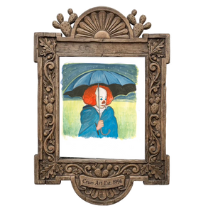 Tim Curry as Pennywise — unsettling icons print by Caya Crum in a carved wood frame
