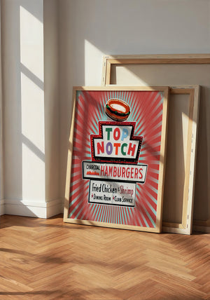 Top Notch Hamburgers Sign Austin art print by Betsy Crum — neutral frame room mockup