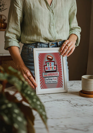 Top Notch Hamburgers Sign Austin art print by Betsy Crum — neutral frame room mockup