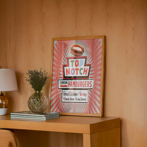 Top Notch Hamburgers Sign Austin art print by Betsy Crum — framed in a wood-accent room