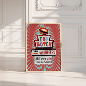 Top Notch Hamburgers Sign Austin art print by Betsy Crum — neutral frame room mockup