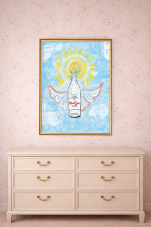 Topo Chico butterfly wings print by Betsy Crum above a dresser